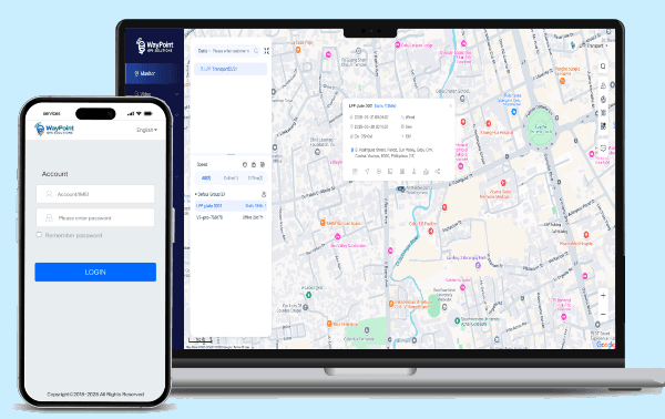 The WayPoint GPS web dashboard tracking a vehicle in Cebu City, shown beside the WayPoint mobile app